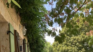 Ein gepflasterter Weg führt zu einem hölzernen Tor, umgeben von Grünpflanzen und Steinmauern.
