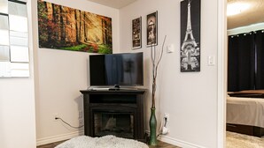 A living room with a fireplace, a television, and artwork on the walls. - What a view!  (Victoria)