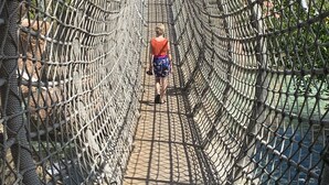 A rope bridge with a person walking on it. - Luxurious Atlantis Harborside resort beauty 3 bedroom deluxe Villa (Nassau)