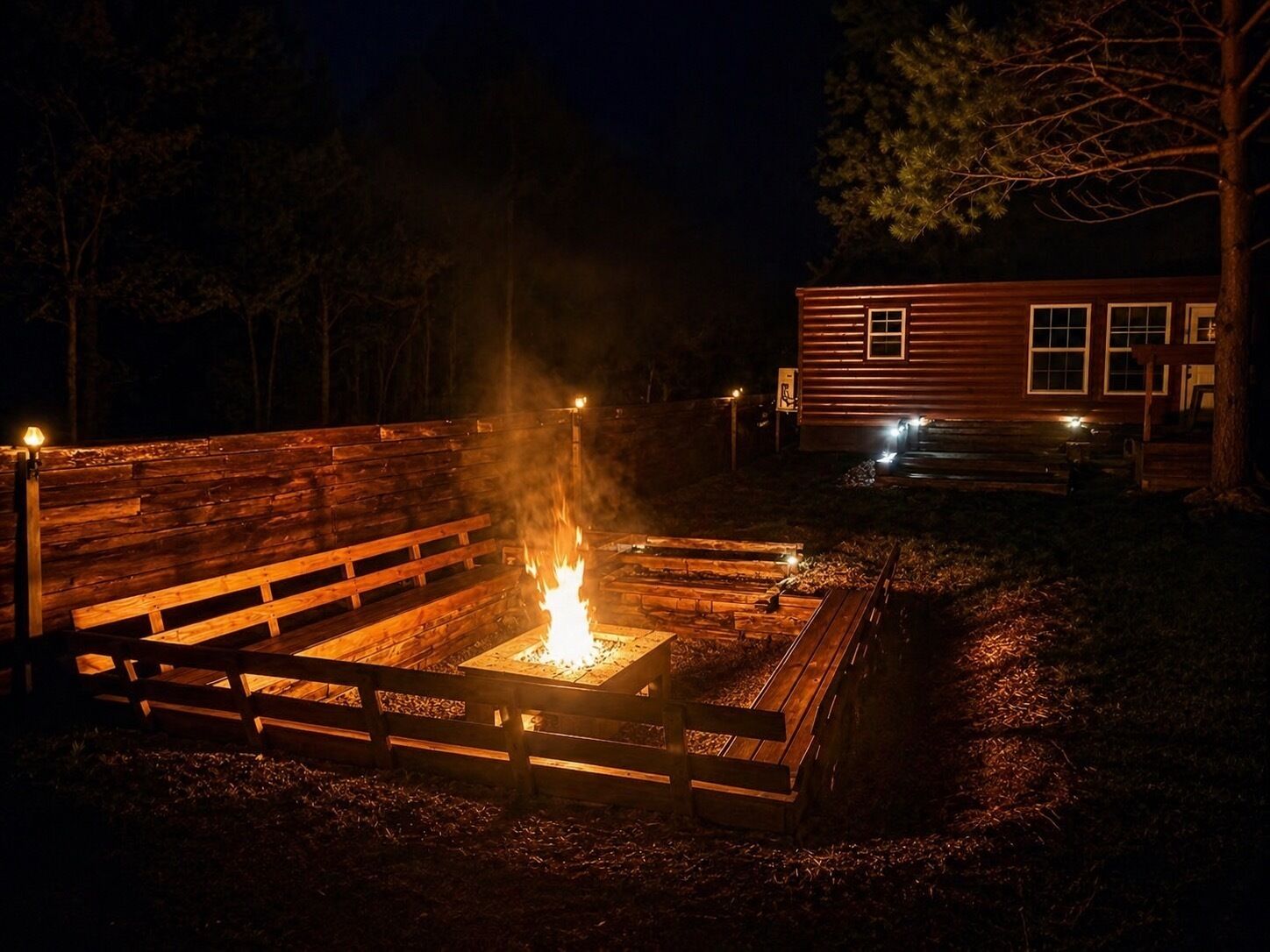 Un pozo de fuego de madera con llamas, rodeado de bancos y una cabaña al fondo.