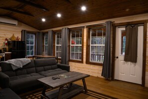 Smart-tv, een open haard, videospelletjes en boeken