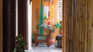 A corridor with a bamboo wall, a wooden chair, and potted plants. - Ancoradouro Pousada (Penha)