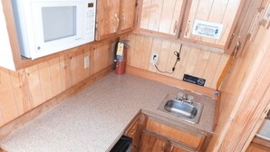 Une cuisine de taille réduite, dotée de meubles en bois, d’un four à micro-ondes, d’un évier et d’un lave-vaisselle.