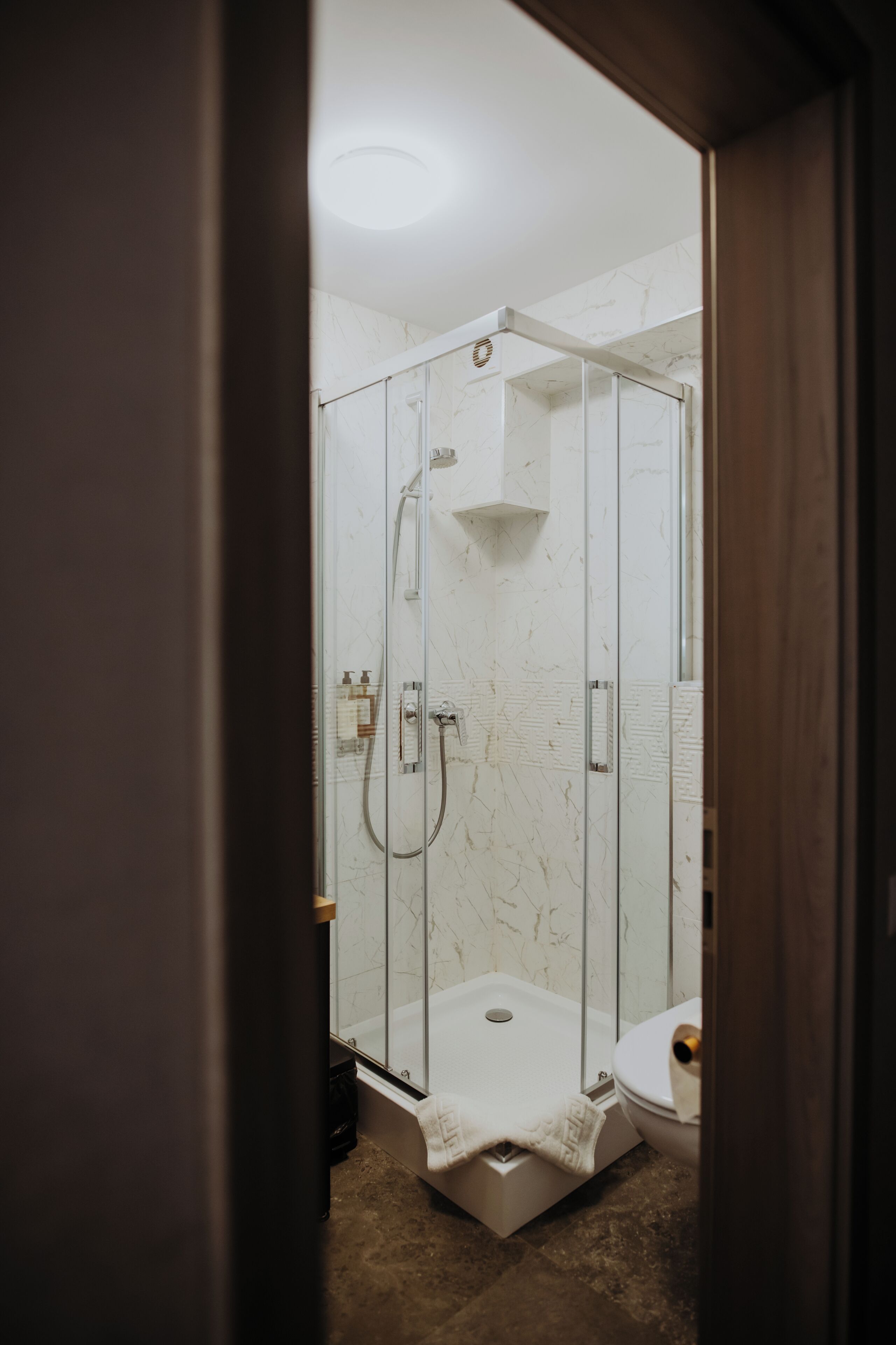 A glass-enclosed shower with a white marble wall, a white toilet, and a small shelf above the toilet.