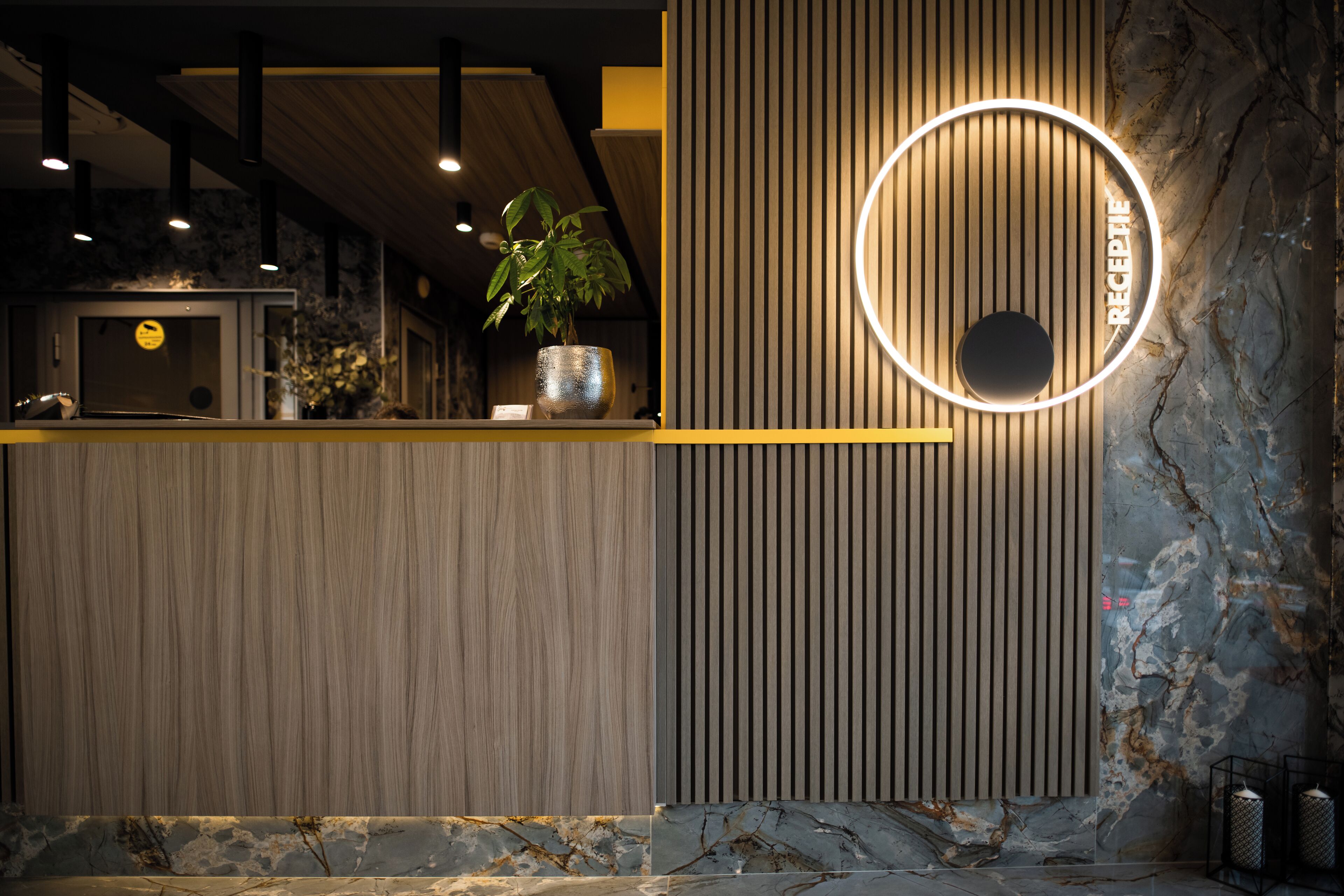 A reception desk with a potted plant, a circular illuminated sign, and a marble wall.