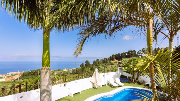 A swimming pool surrounded by palm trees and a white wall, with a view of the sea and buildings in the background. - Casa Cateyma with pool (Icod de los Vinos)