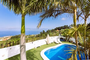 A swimming pool surrounded by palm trees and a white wall, with a view of the sea and buildings in the background.