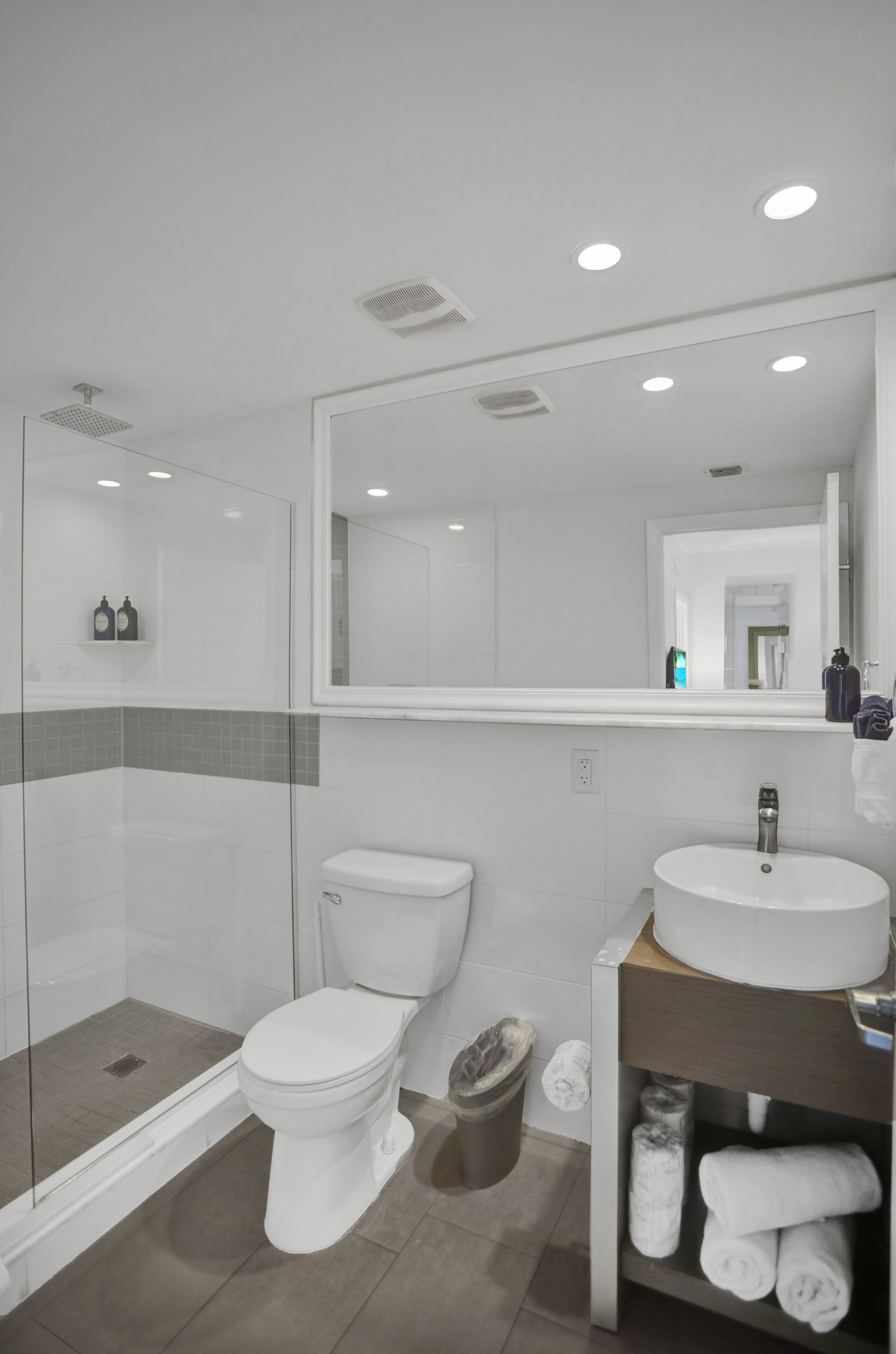 A modern bathroom with a glass-enclosed shower, a toilet, and a vanity with a sink and mirror.