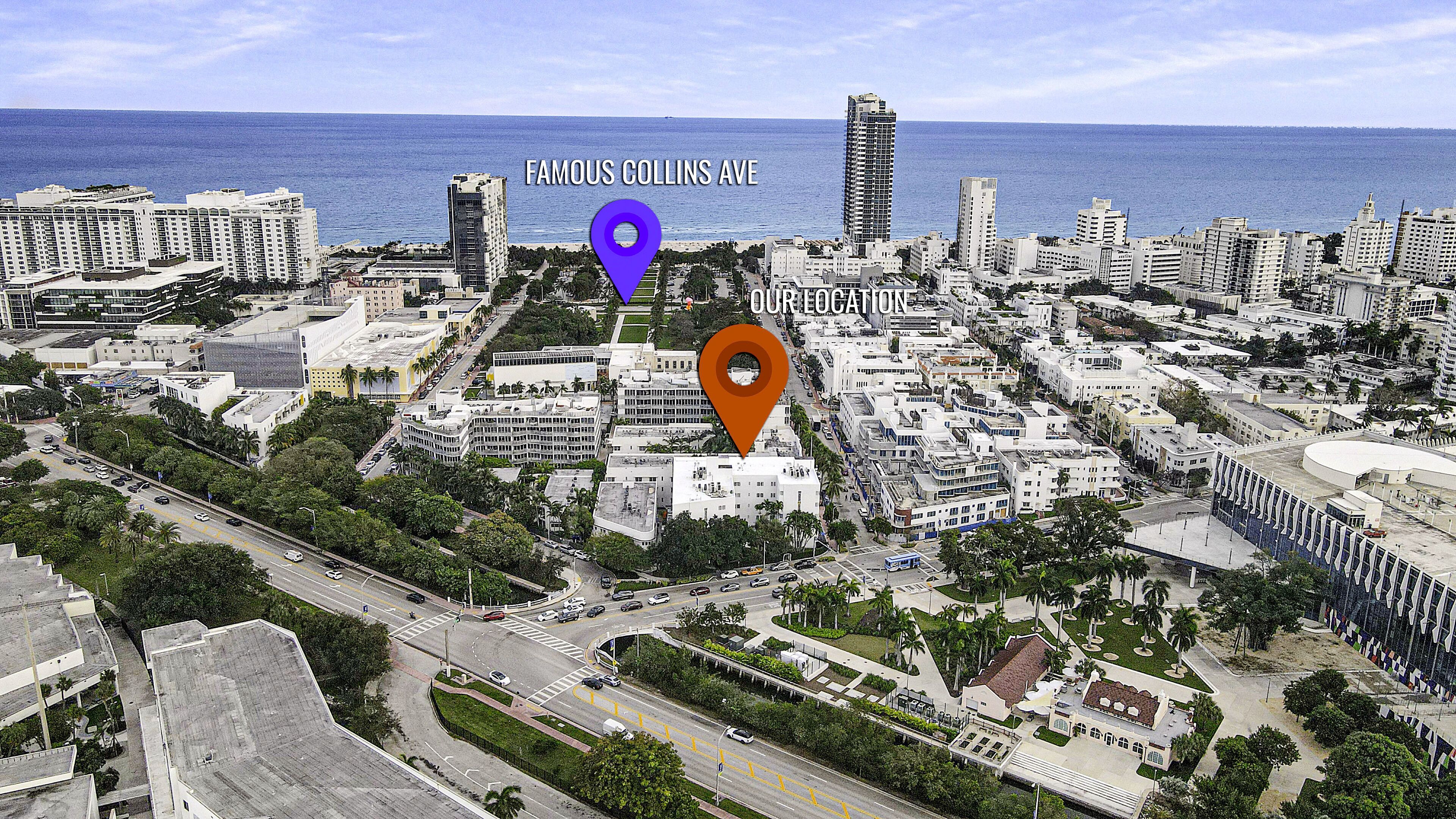 A cityscape with a prominent building labeled 'Famous Collins Ave' and another labeled 'Our Location'.