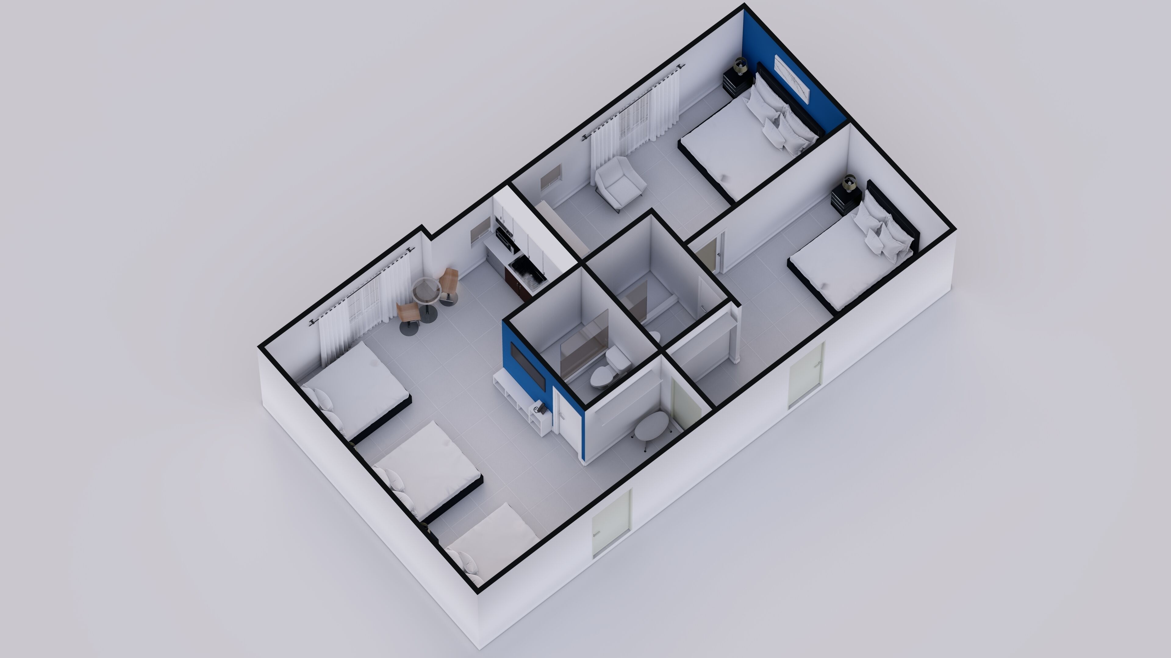 Plànol tridimensional d'una habitació d'hotel amb llit, escriptori, cadira, taula petita i bany.