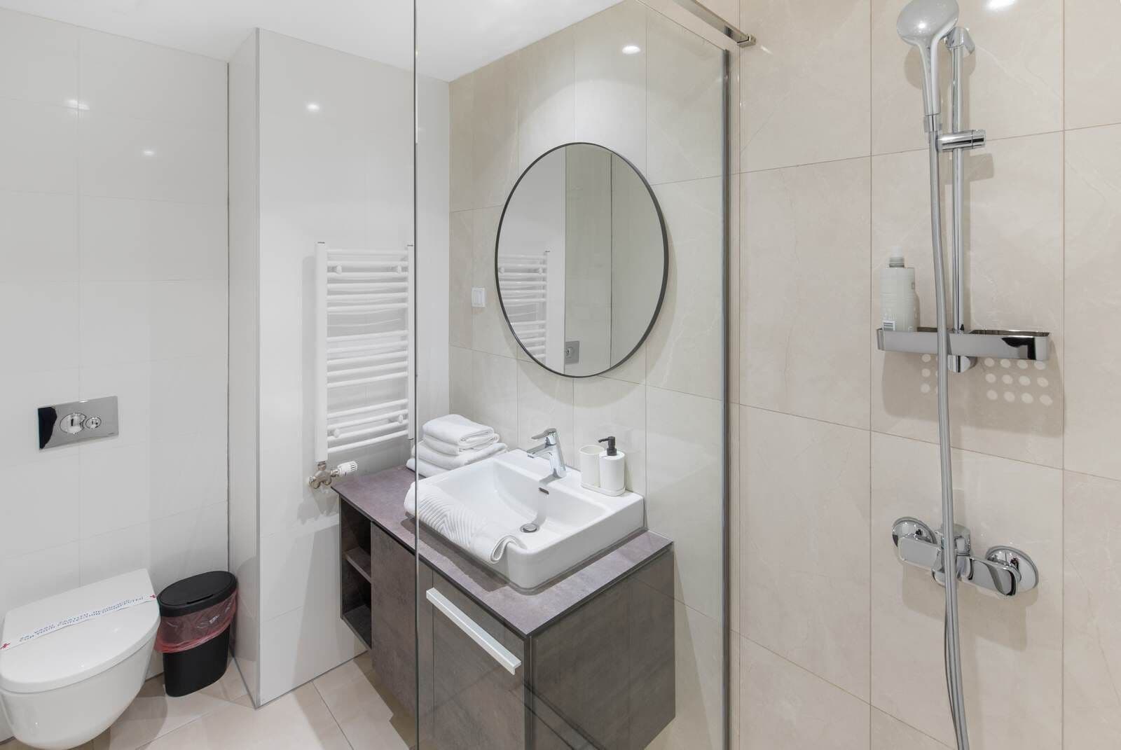 A modern bathroom with a glass shower enclosure, a round mirror, a white sink, and a toilet.