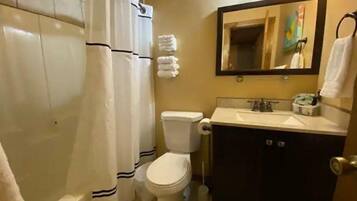 Combined shower/tub, towels