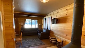 L’intérieur d’un chalet confortable, avec une cheminée, un canapé et un tapis à motifs.