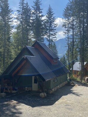 A rustic cabin with a sloped roof, surrounded by tall pine trees and mountains in the background. - Hummingbird Haven Charming Cabin in the Mountains (Golden)