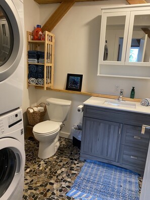 A bathroom with a washing machine, a toilet, a sink, and a mirror. - Hummingbird Haven Charming Cabin in the Mountains (Golden)