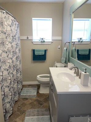 Combined shower/bathtub, towels, soap, toilet paper