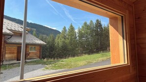 Une cabane en bois dotée d’une grande fenêtre, d’un toit en métal et offrant une vue sur une zone boisée.