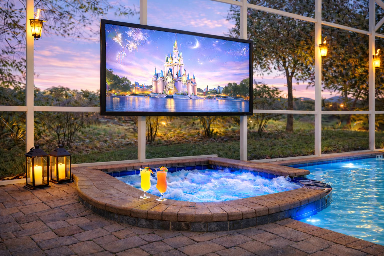 A pool area with a hot tub, a television screen displaying fireworks, and lanterns.