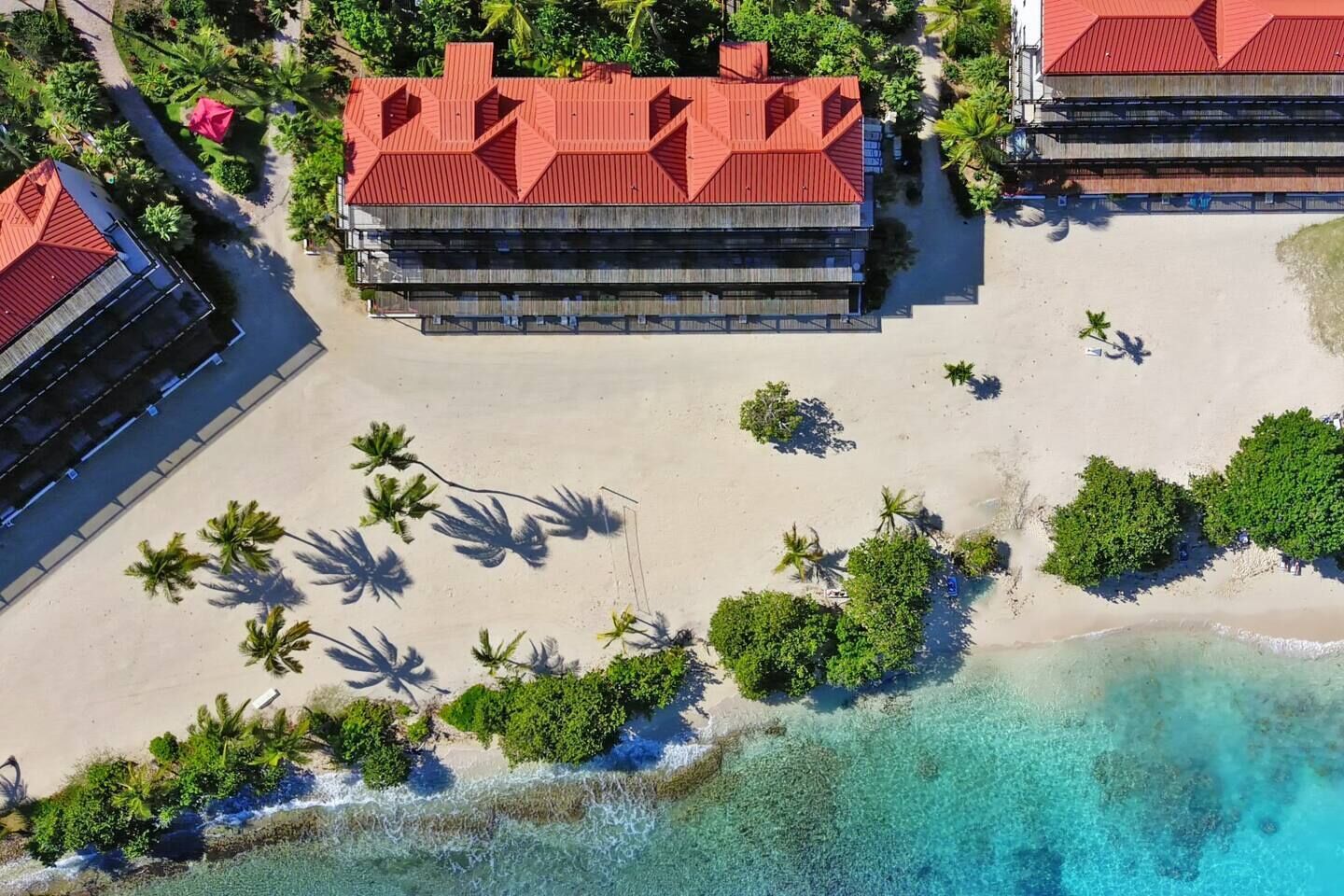A beachfront hotel with a red roof, surrounded by palm trees and clear turquoise waters.