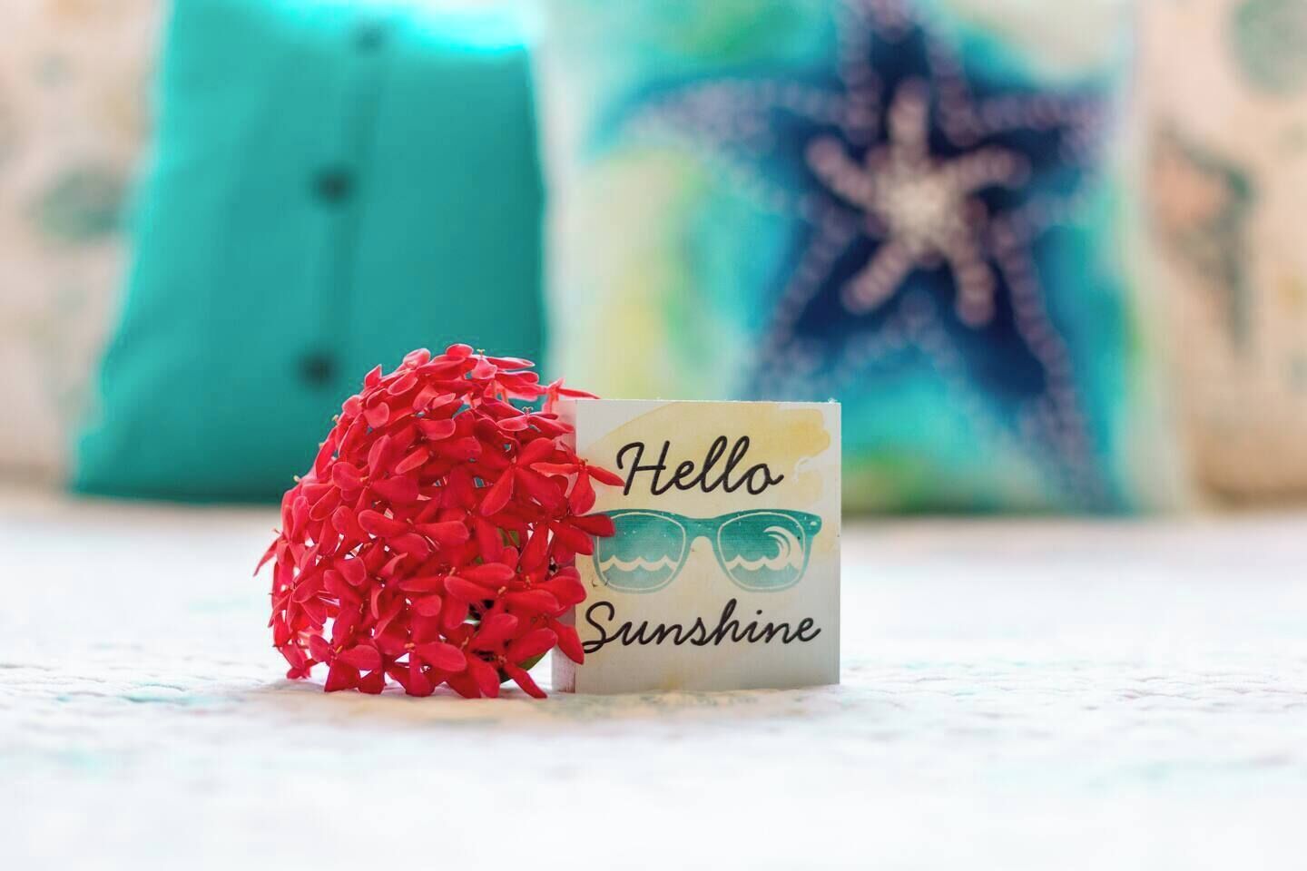 A card with the text "Hello Sunshine" and a decorative item resembling a flower.