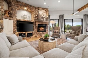 Smart TV, fireplace, table tennis, books