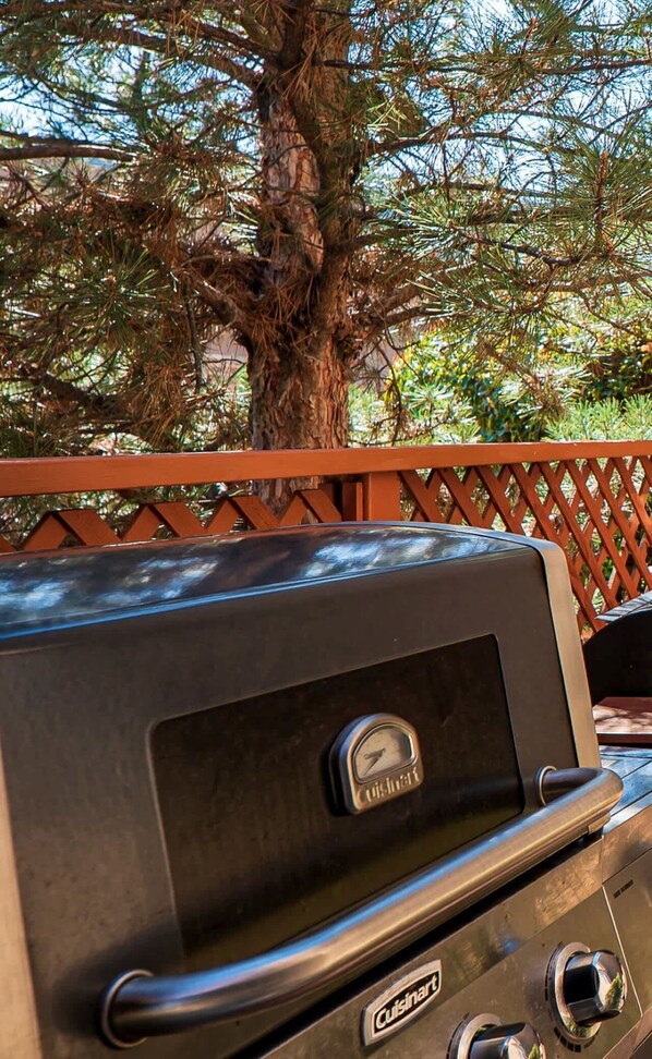 A grill with a thermometer and a handle, set against a wooden fence and a tree.