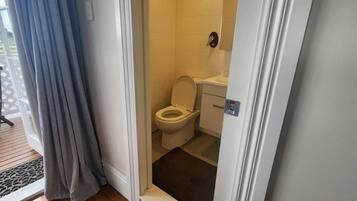 Shower, towels, soap, toilet paper