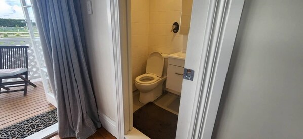 Shower, towels, soap, toilet paper