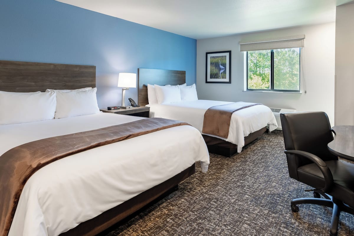 A hotel room with two beds, a desk, a chair, and a window with a view of trees.