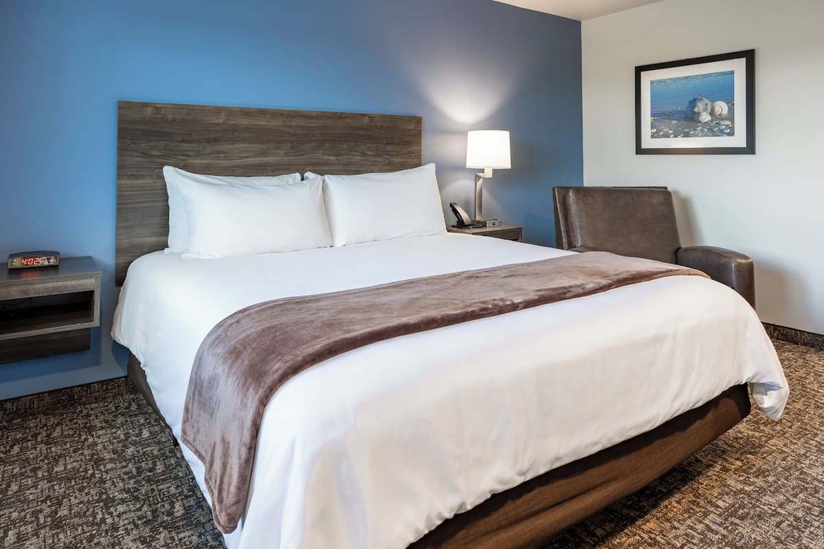 A hotel room with a large bed, a nightstand with a lamp, a chair, and a framed picture on the wall.