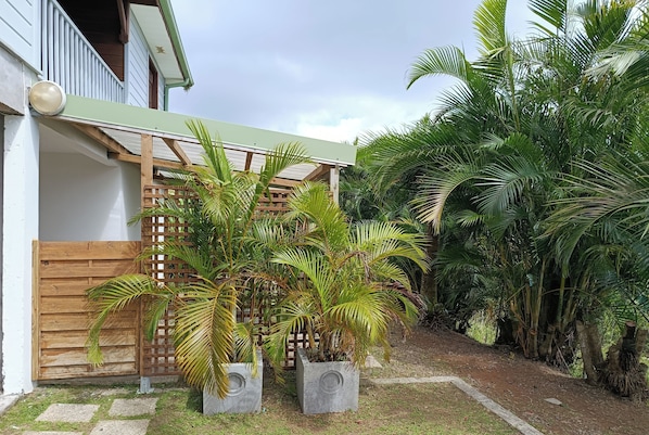 Il sâagit dâune propriĂ©tĂ© rĂ©sidentielle dotĂ©e dâune clĂŽture en bois, de jardiniĂšres en bĂ©ton et dâune vĂ©gĂ©tation luxuriante.