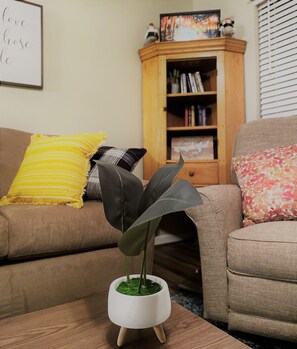 Un salon avec un canapé marron, une petite table d’appoint blanche ornée d’une plante, et un meuble en bois contenant des livres.