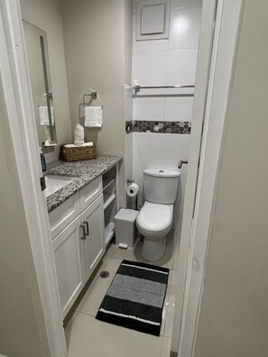 Dusche, Haartrockner, Handtücher, Toilettenpapier
