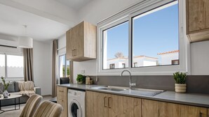 A modern kitchen with wooden cabinets, a built-in washing machine, a large window, and a view of the outside. - Sanders White Mountains - Vibrant Villa With Pool (Tremithousa)