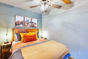 1 bedroom, desk, laptop workspace, iron/ironing board