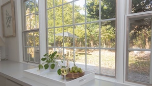 A kitchen counter with a potted plant, a glass of white wine, and a wooden tray with green grapes.