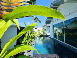 A modern house with a swimming pool, surrounded by lush greenery. - Contemporary 3bd Safari Pool Villa Near Nai Yang Beach (Sa Khu)