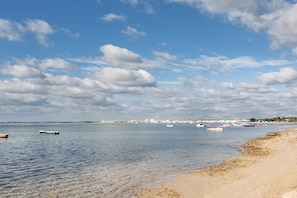 A coastal scene with boats on calm waters, a sandy beach, and a distant cityscape under a partly cloudy sky.