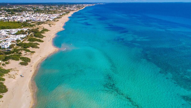 An aerial view of a coastal area with a beach, clear turquoise waters, and a residential area with white buildings. - 3064 Villa La Fenice by Barbarhouse (Avetrana)