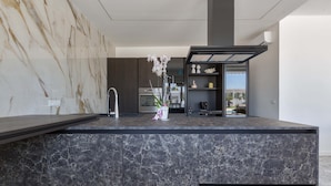A modern kitchen with a marble backsplash, dark granite countertop, and built-in appliances.