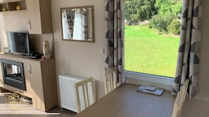 Een kamer met een televisie, een open haard, een radiator en een raam met gordijnen.
