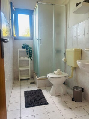 A bathroom with a toilet, a shower enclosure, a sink, and a trash bin. - Apartments Bacic (Blato)
