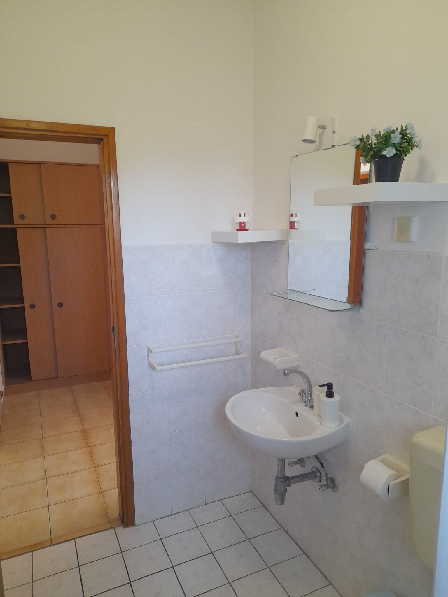 A bathroom with a sink, toilet paper, and a mirror.