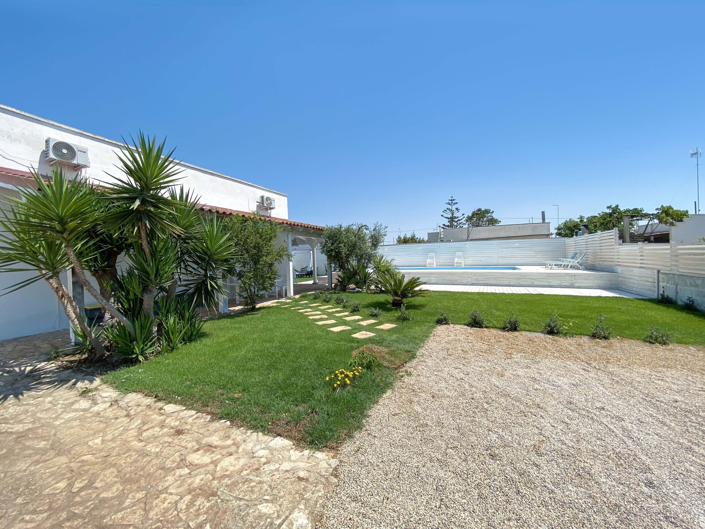 Um pátio com piscina, um edifício branco e uma palmeira.