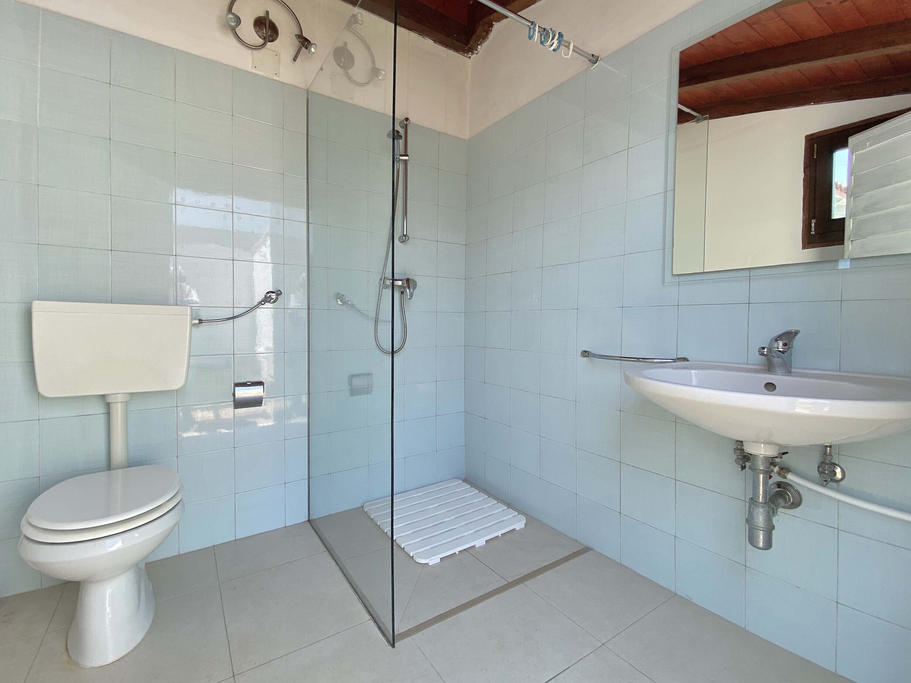 A bathroom with a toilet, a shower, and a sink.