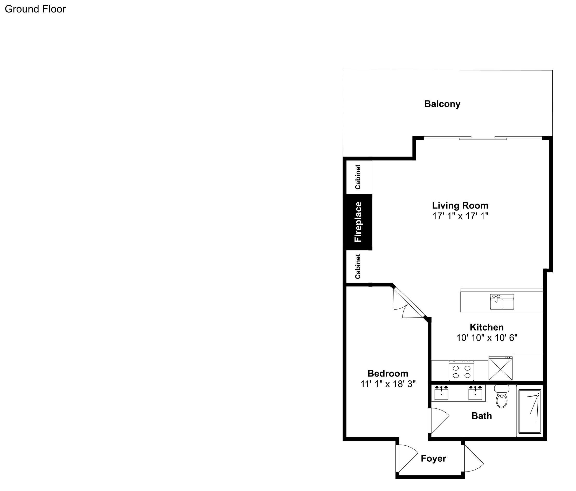A floor plan of a house with a balcony, living room, kitchen, bathroom, bedroom, foyer, fireplace, and cabinets.