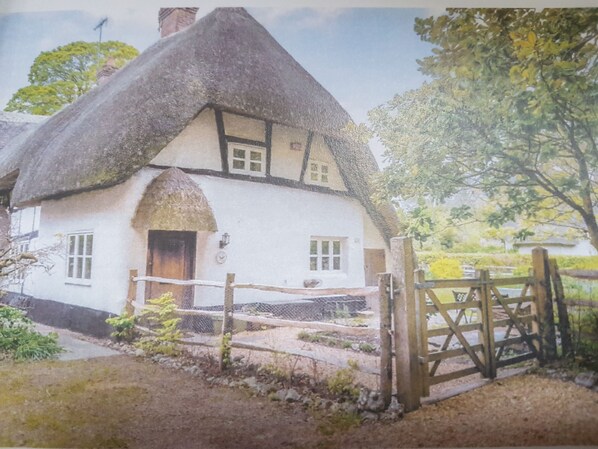 A traditional thatched-roof house with a white exterior, a wooden gate, and a garden with a fence.