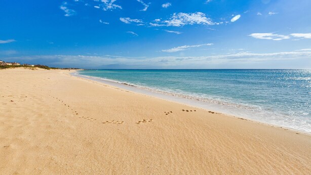 A beach with footprints leading to the water, clear skies, and a calm sea. - 2669 Casa Ulbia by Barbarhouse (Manduria)