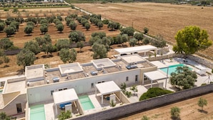 Uma villa moderna com piscina no terraço, oliveiras e vista para o mar.
