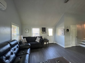 Smart TV, fireplace, books